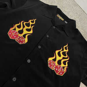 Dragonfly Button Up Mens Size 2XL Black Flames Dice Las Vegas Gambling Skater